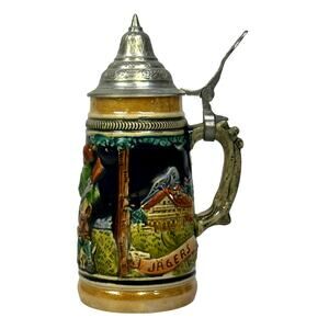 DBGM German 1/8 L 6.5" 'Jagers' Beer Stein with Decorative Lid